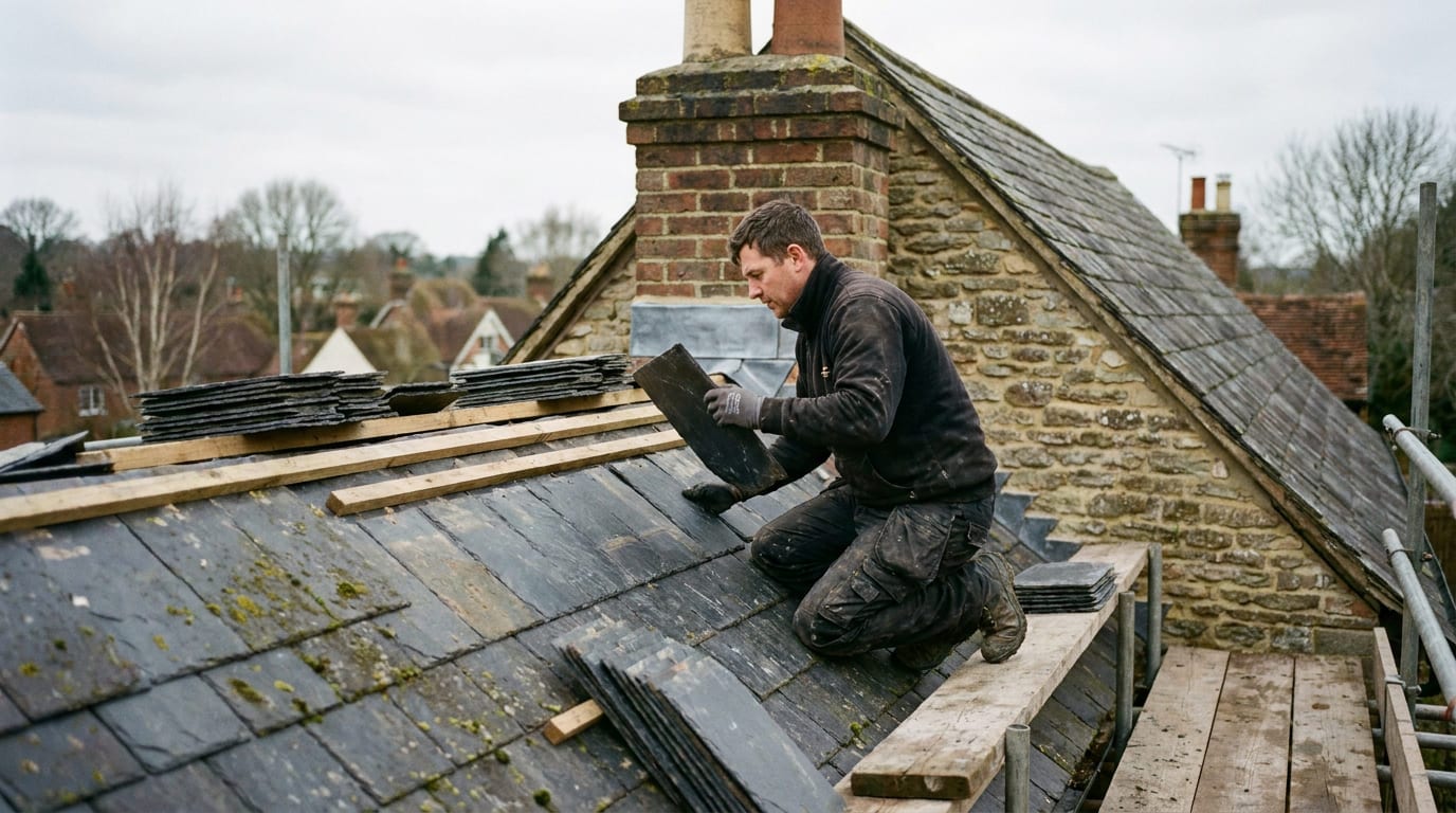 A roofer laying natural slate on a steeply pitched roof in a Surrey village