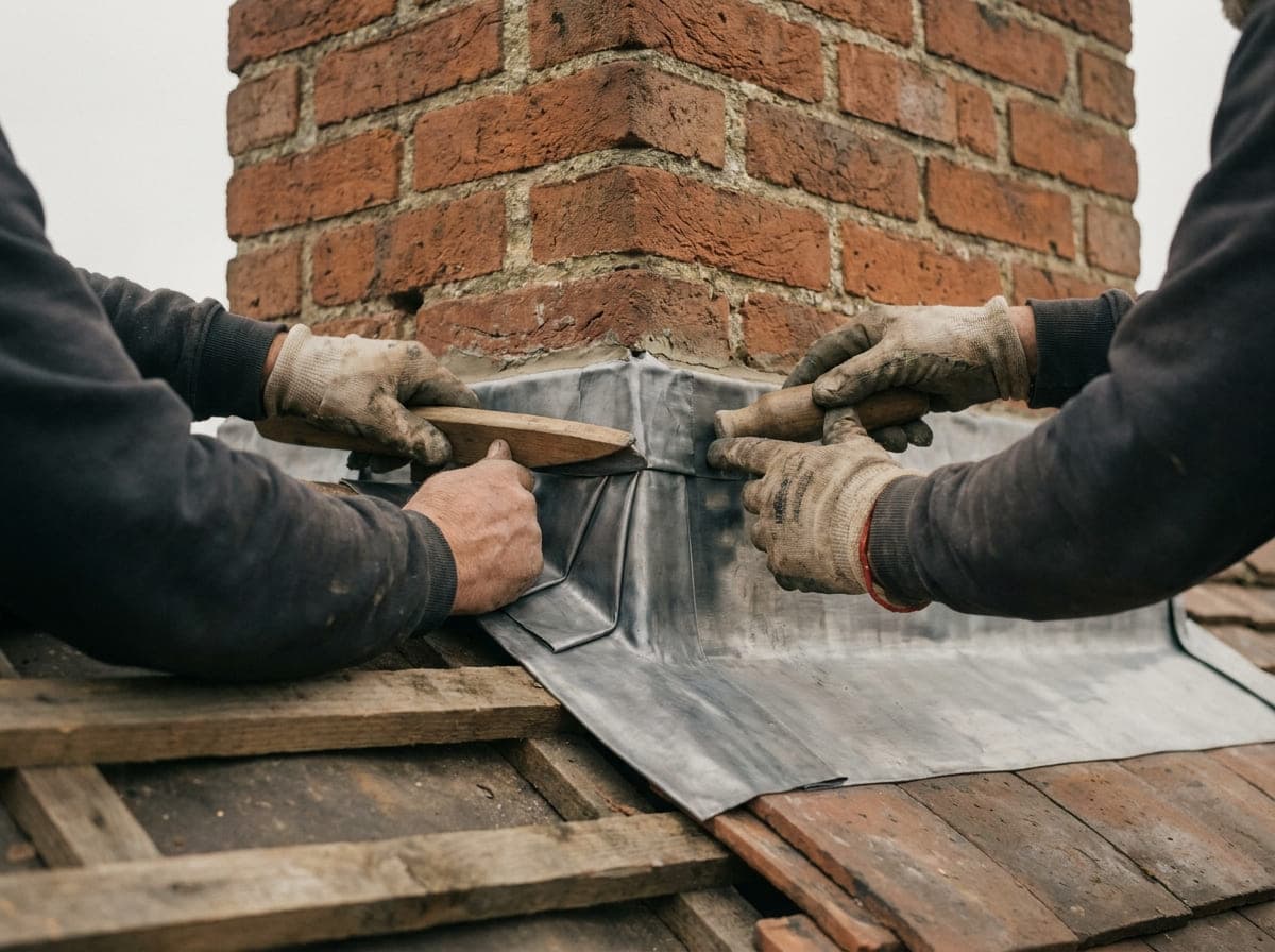 A roofer dressing sheet lead around a brick chimney stack by hand